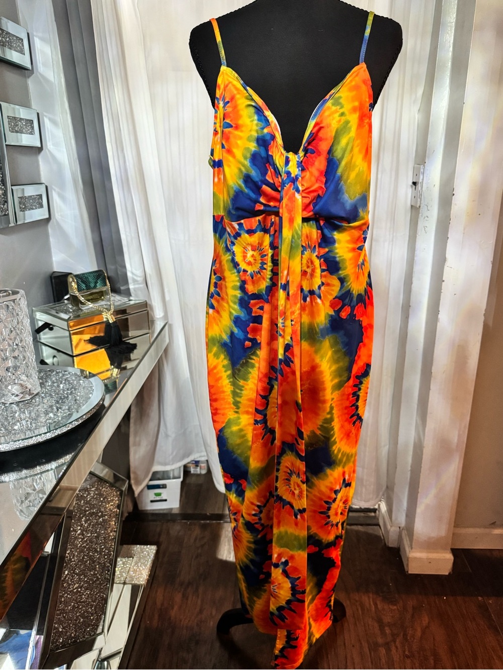 Tie-Dye Maxi Slip Dress in Yellow, Orange & Blue